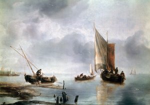 Egy kis hajó könnyű levegőben, és egy másik parton, 1650-1660 körül, Jan van de Cappelle (1624-1679), olaj, vászon, 34, 8x48