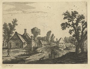 Kilátás a falura nővel és gyermekkel a falu utcájában alkotó: Jan van de Cappelle (attributed to)