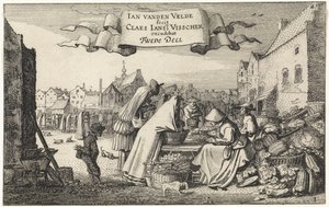 Figurák egy zöldséges bódénál a piacon Tájképek (sorozat címe) Amenissimae aliquot requculae (sorozat címe) alkotó: Jan van de Velde (II)