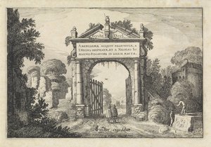 Alakok egy tájban egy kapunál Tájképek (sorozat címe) Amenissimae aliquot requculae (sorozat címe az objektumon) alkotó: Jan van de Velde (II)