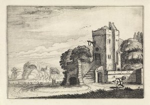 Madárkosárral rendelkező alakok egy táj torony közelében Tájképek (sorozat címe) Amenissimae aliquot requculae (sorozat címe) alkotó: Jan van de Velde (II)