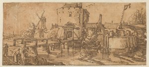 Kilátás a városra (Culemborg?) híddal a kapu előtt alkotó: Jan van de Velde (II)