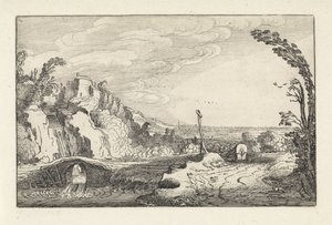 Fedett kocsi egy ösvényen a hegyvidéki folyón Tájképek (sorozat címe) Amenissimae aliquot requculae (sorozat címe) alkotó: Jan van de Velde (II)