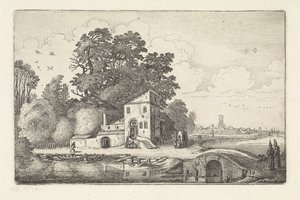 Ház egy kőhíd mellett a folyón Tájképek (sorozat címe) Amenissimae aliquot requculae (sorozat címe) alkotó: Jan van de Velde (II)