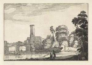 Pont egy hídnál és egy romnál Tájképek (sorozat címe) Amenissimae aliquot requculae (sorozat címe) alkotó: Jan van de Velde (II)