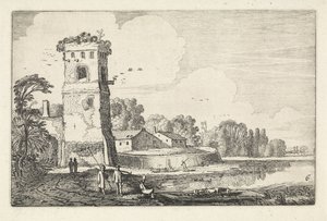 Pont juhokkal egy toronynál a folyó táján Tájképek (sorozat címe) Amenissimae aliquot requculae (sorozat címe) alkotó: Jan van de Velde (II)