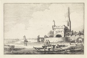 Pont szarvasmarhákkal egy erődben a folyón Tájképek (sorozat címe) Amenissimae aliquot requculae (sorozat címe) alkotó: Jan van de Velde (II)