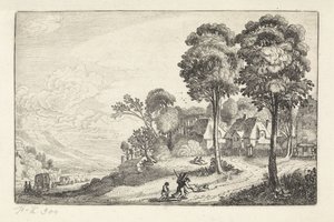 Utazók egy ösvényen egy falu közelében Tájképek (sorozat címe) Amenissimae aliquot requculae (sorozat címe) alkotó: Jan van de Velde (II)