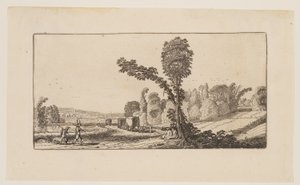 Tájkép vadászokkal és szénásszekérrel, a Hat tájképből alkotó: Jan van de Velde II