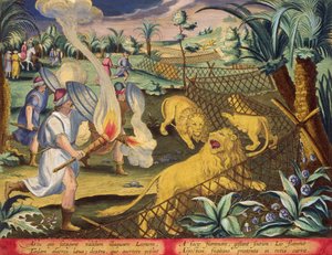Római vadászat, valószínűleg Észak-Afrikában, a 10. tábla a „Venationes Ferarum, Avium, Piscium” (Vadászatról: Vadállatok, madarak, halak) vésett, Jan Collaert (1566-1628) által, kiadta Phillipus Gallaeus Amszterdamból (kézzel). színes gravírozás)