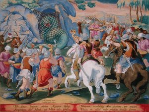 Egyiptom kígyójának elkapása hálóban, 45. tábla a „Venationes Ferarum, Avium, Piscium” (Vadászatról: Vadállatok, madarak, halak) anyagából, Jan Collaert (1566-1628) metszetével, az amszterdami Phillipus Gallaeus kiadásában (kézzel színezett metszet) ) alkotó: Jan van der Straet