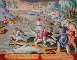 Krokodilok megölése botokkal és botokkal, 88. tábla a „Venationes Ferarum, Avium, Piscium” (Vadászatról: Vadállatok, madarak, halak) anyagából, Jan Collaert (1566-1628) metszete, Phillipus Gallaeus Amszterdam (kézzel színezett metszet)