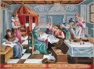 A nők meglocsolják borral a selyemhernyó tojásait, és melegen tartják a mellüknél, a „Vermis Sericus” (A selyemhernyó) 3. táblája, Philip Galle (1537-1612) metszetével (metszet) alkotó: Jan van der Straet
