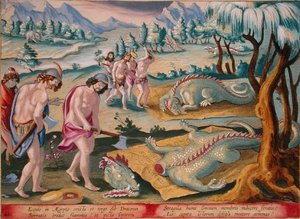 Lefejező krokodilok, 46-os tábla a „Venationes Ferarum, Avium, Piscium”-ból (Vadászatról: Vadállatok, madarak, halak), Jan Collaert (1566-1628) metszetével, Phillipus Gallaeus Amszterdam kiadásában (kézzel színezett metszet)