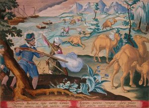 A tengerészek egy szörnyű barbár országban muskétákkal ölnek meg tevéket, hogy enyhítsék éhségüket, 28. tábla „Venationes Ferarum, Avium, Piscium” (Vadászatról: Vadállatok, madarak, halak), vésette Jan Collaert (1566-1628), kiadó: Phillipus Gallaeus Amszte