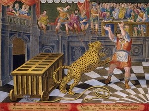 Commodus római császár nyilat lő ki, hogy legyőzze a ketrecéből kiszabadult leopárdot az arénában, a „Venationes Ferarum, Avium, Piscium” (Vadászatról: Vadállatok, madarak, halak) 14. táblája, amelyet Jan Collaert (1566) vésett. 1628) Phillipu adta ki