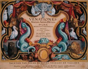 Jan Collaert (1566-1628) által metszett „Venationes Ferarum, Avium, Piscium” (Vadászat: Vadállatok, madarak, halak) címlapja, az amszterdami Phillipus Gallaeus (kézzel színezett metszet) alkotó: Jan van der Straet