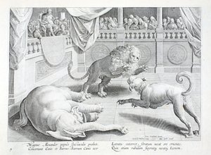Nagy Sándor látványt, oroszlán, kutya és elefánt harcot állít fel, illusztráció a „Venationes, Ferarum, Avium, Piscium” (A vadászatról: Vadállatok, madarak, halak) című könyvből, Jan Collaert (1566-1628), kocsma. . írta: Phillipus Gallaeus, Amszterdam (met alkotó: Jan van der Straet