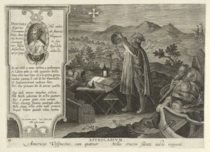 Amerigo Vespucci felfedezi a déli keresztet asztrolábellel, a Nova Reperta, pub. 1600 (metszet) alkotó: Jan van der Straet