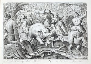 Az elefántok nagy zajt adnak, ahogy megütik őket a vadászok lándzsái, illusztráció a „Venationes, Ferarum, Avium, Piscium” (A vadászatról: Vadállatok, madarak, halak) című könyvből, metszett: Jan Collaert (1566-1628), kocsma. írta: Phillipus Gallaeus, Amsz alkotó: Jan van der (1523 1605) Straet