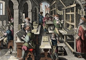 Nyomda, c1600 - Hollandia, Nyomtatás: bal oldalon a karakterek karaktereket használnak, a nyomtatás előkészítésének különböző szakaszai nyomdászmester felügyelete alatt - Giovanni Stradano (Jan Van Der Straet) (Johanne) gravírozása „Nova Reperta”-ból