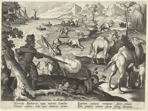 A tengerészek egy szörnyű barbár országban muskétákkal ölik meg a tevéket, hogy enyhítsék az éhségüket. Illusztráció a „Venationes, Ferarum, Avium, Piscium” (Vadászatról: Vadállatok, madarak, halak) című könyvből, Jan Collaert (1566-1628), kocsma. írta: Ph alkotó: Jan van der (1523 1605) Straet
