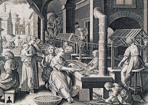 Vermis sericus, selymet fonó és selyemhernyót tűzön hevítő nők, Stradanus (1523-1605) metszet, Olaszország alkotó: Jan van der Straet