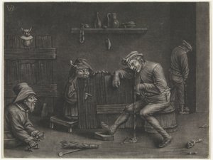 Belső vizelő férfival, hányó emberrel, törpével és koldussal