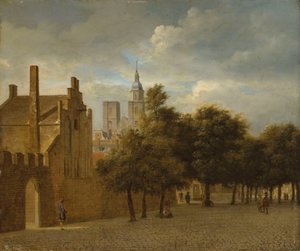 Városkép sétáló alakokkal, mögötte egy templommal alkotó: Jan van der Heyden