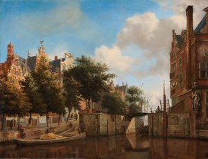 Amszterdam városra néző házak a Herengrachton és a régi Haarlemmersluisban A Nieuwe Zijds Voorburgwal az Oude Haarlemmersluis-szal, Amszterdam (helyrajzi szabadságjogokkal) alkotó: Jan van der Heyden