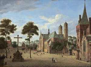 Köln látképe a Szent Pantaleon tornyaival és az emmeriki Martinikerk hajójának képzeletbeli változatával. alkotó: Jan van der Heyden