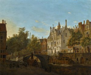 Kilátás az Oude Delftre a Gemeenlandshuis-szal együtt alkotó: Jan van der Heyden
