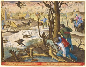 Madárfogók patkánycsali csapdákkal a sólymok elfogására, 64-es tábla a „Venationes Ferarum, Avium, Piscium” (Vadászatról: Vadállatok, madarak, halak) vésésével Jan Collaert (1566-1628), kiadó alkotó: Jan van der Straet