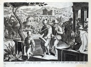 Madárfogók feketerigót fogni, illusztráció a „Venationes, Ferarum, Avium, Piscium” (Vadászatról: Vadállatok, madarak, halak) című könyvből, vésette: Jan Collaert (1566-1628), kocsma. írta: Phillipus Gall alkotó: Jan van der Straet