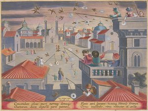 Fecskék befogása lyukas tükrös korongokkal, 77. tábla a „Venationes Ferarum, Avium, Piscium” (Vadászatról: Vadállatok, madarak, halak) vésett Jan Collaert (1566-1628) által, kiadó: Phillipu alkotó: Jan van der Straet