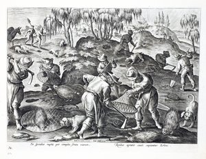 Porcupines kiásása és befogása, 54. tábla, illusztráció a „Venationes, Ferarum, Avium, Piscium” (Vadászatról: Vadállatok, madarak, halak) könyvéből, metszett: Jan Collaert (1566-1628), kocsma. Phillipus által alkotó: Jan van der Straet