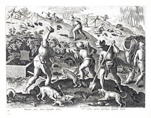 Borzok kiásása és befogása, illusztráció a „Venationes, Ferarum, Avium, Piscium” (Vadászatról: Vadállatok, madarak, halak) című könyvből, vésette: Jan Collaert (1566-1628), kocsma. írta: Phillipus Gallaeus, Ams alkotó: Jan van der Straet