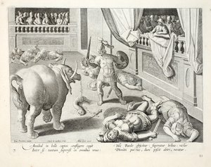 Hannibál a legyőzött rómaiakat egymás ellen harcoltatja, illusztráció a "Venationes, Ferarum, Avium, Piscium" (Vadászatról: vadállatok, madarak, halak) című könyvből, metszet: Jan Collaert (1566-1628), kiadó: Phillipus. alkotó: Jan van der Straet