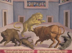 Nemesek nézik a Vadállatok harcát egy fedett cirkuszban, 12. tábla a „Venationes Ferarum, Avium, Piscium” (Vadászatról: Vadállatok, madarak, halak) vésettel: Jan Collaert (1566-1628), kiadó: Ph. alkotó: Jan van der Straet