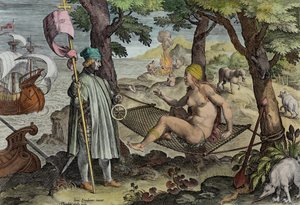 Vespucci felfedezi Amerikát, 2. tábla a „Nova Reperta”-ból (Új felfedezések), Theodor Galle (1571-1633) metszetében, 1600 körül (későbbi színezés)