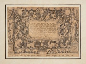 A "Medici család győzelme és diadala" című szett dedikáló oldala alkotó: Jan van der Straet, called Stradanus