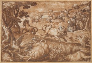 Férfiak bikákra vadásznak sasokkal alkotó: Jan van der Straet, called Stradanus