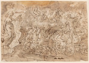 egy vázlatfüzet oldala; Apollo és Aurora alkotó: Jan van der Straet, called Stradanus