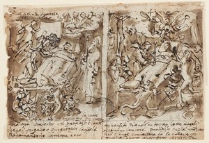 egy vázlatfüzet oldala; Mennyei erők segítik a jámborokat; Vázlat a szent portréjához; Oromfal díszítése alkotó: Jan van der Straet, called Stradanus