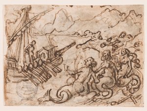 Egy vázlatfüzet oldala: Ulysses elhalad a szirénák mellett (recto); Ulysses az alvilágban (verso) alkotó: Jan van der Straet, called Stradanus