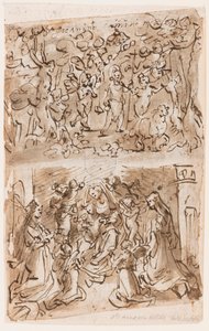 Recto, fent: Fiatal Keresztelő Szent János Angyalok vezetésével a sivatagban; Recto, lent: Sacra Conversazione Szentekkel. Barbara és Catherine; Verso, fent: Cruxifiction; Verso, lent: Krisztus gyógyító bénákat a Bethesda tavánál alkotó: Jan van der Straet, called Stradanus