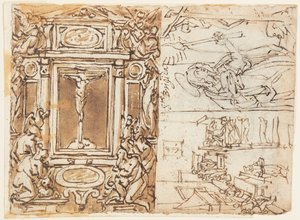 Vázlatfüzet oldal; Marcus Aurelius Antonius fiával emlékműve; Tanulmány gravírozáshoz alkotó: Jan van der Straet, called Stradanus