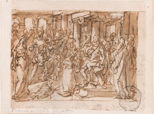 Salamon ítélete, a "Spiritus Sapientiae" (A Bölcsesség Lelke) előzetes terve, 1. lemez a "Szentlélek hét ajándéka" nyomatsorozatban alkotó: Jan van der Straet, called Stradanus