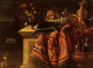 Csendélet virágvázával, gyümölcsökkel egy tálban, ezüstözött kancsóval és tányérral, valamint egy párnával. alkotó: Jan van the Elder (follower of) Kessel