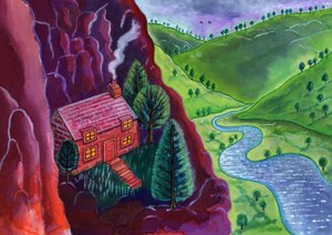Ház a hegyekben, 2002 (tinta és gouache) alkotó: Jane Tattersfield
